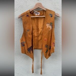 Char Santa Fe suede leather Vest Western handpainted indian snake buffalo bear S